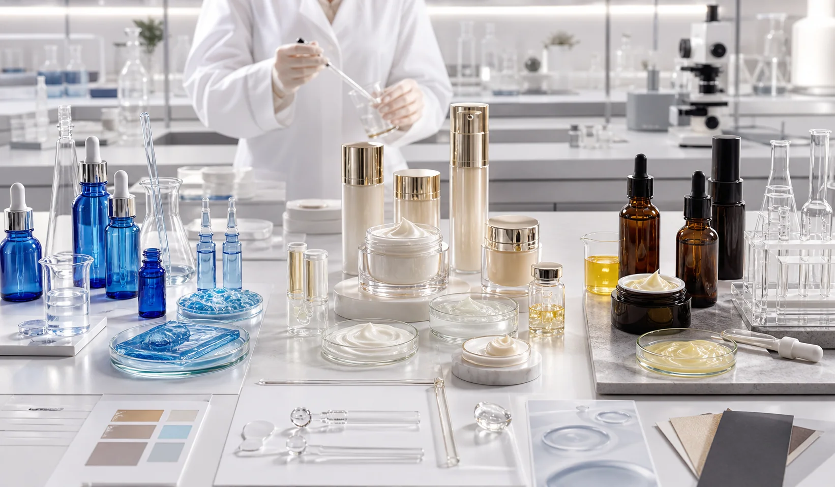 Laboratory setup with cosmetic products including creams and serums displayed alongside glassware and tools, hinting at product testing.